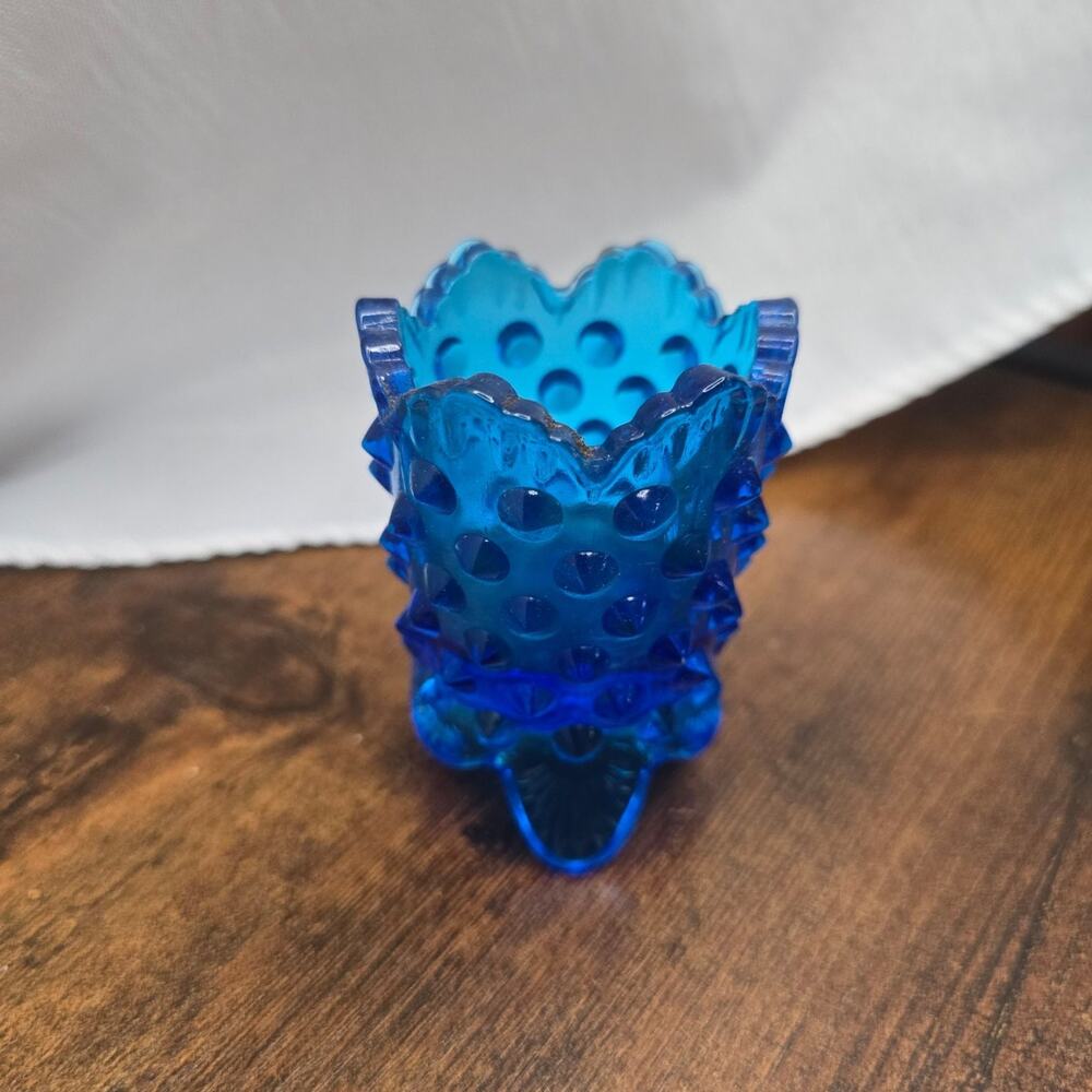 1960's Fenton Glass Colonial Blue Hobnail Toothpick Holder 3" Height
